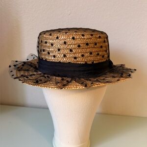 Straw Sun Hat with Black Polka Dot Veil and Band by A&O